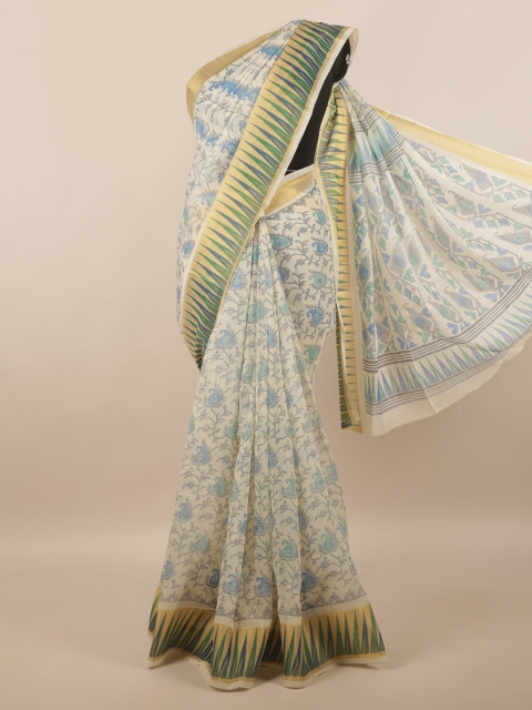 

Pothys Cream-Coloured & Blue Floral Printed Cotton Blend Saree