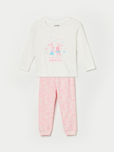 

Juniors by Lifestyle Girls White & Pink Cotton Printed Night suits