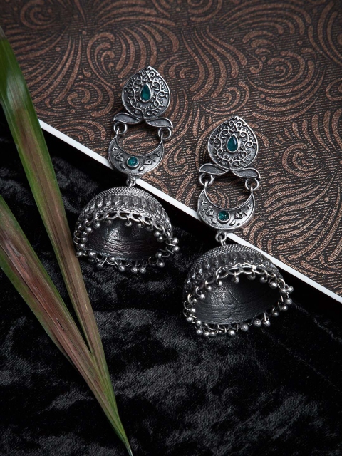 

GloBox By ZeroKaata Silver-Toned Dome Shaped Jhumkas Earrings