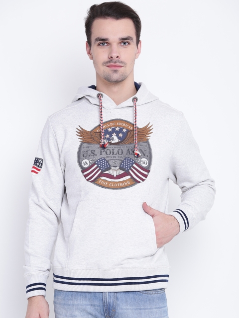 

U.S. Polo Assn. Denim Co. Men Grey Melange Printed Hooded Sweatshirt