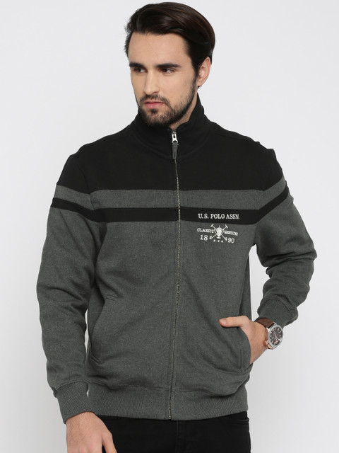 

U.S. Polo Assn. Men Grey Melange & Black Striped Front-Open Sweatshirt
