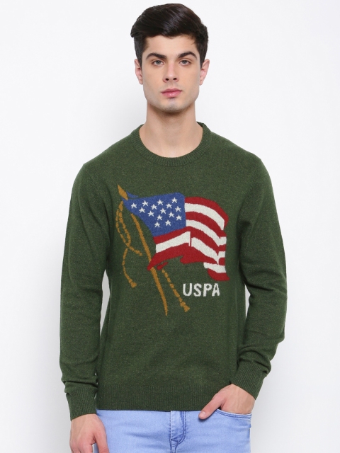 

U.S. Polo Assn. Denim Co. Men Olive Green Self Design Pullover