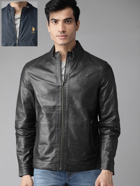 

U.S. Polo Assn. Men Black & Navy Blue Solid Reversible Leather Jacket