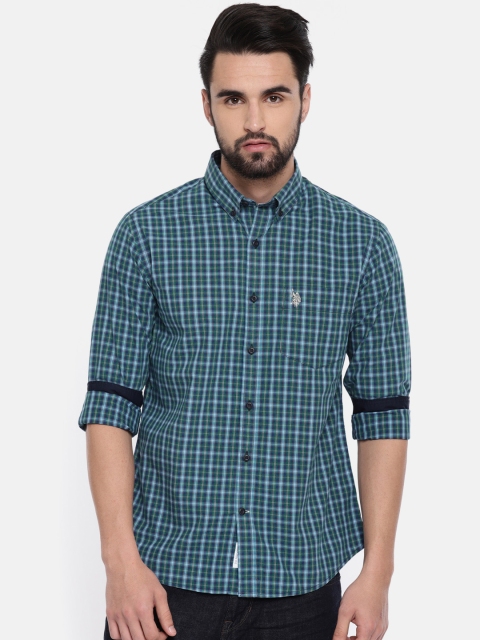 

U.S. Polo Assn. Men Blue & Green Tailored Fit Checked Casual Shirt