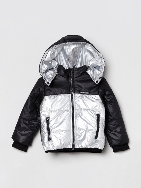

max Boys Silver-Toned Black Colourblocked Windcheater Puffer Jacket