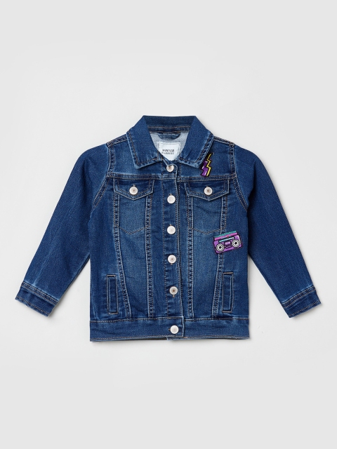 

max Girls Blue Washed Windcheater Crop Denim Jacket with Embroidered