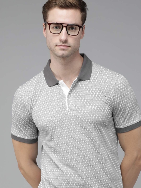 

Van Heusen Men White & Grey Printed Pure Cotton Polo Collar T-shirt