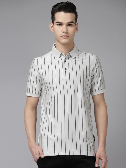 

Van Heusen Men Grey & Black Pure Cotton Striped Polo Collar T-shirt