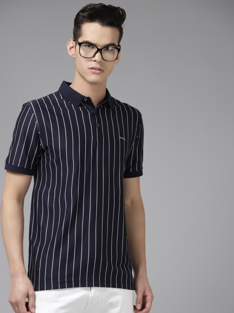 

Van Heusen Men Navy Blue & White Striped Polo Collar T-shirt