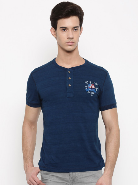 

U.S. Polo Assn. Men Navy Blue Self Design Henley Neck T-shirt