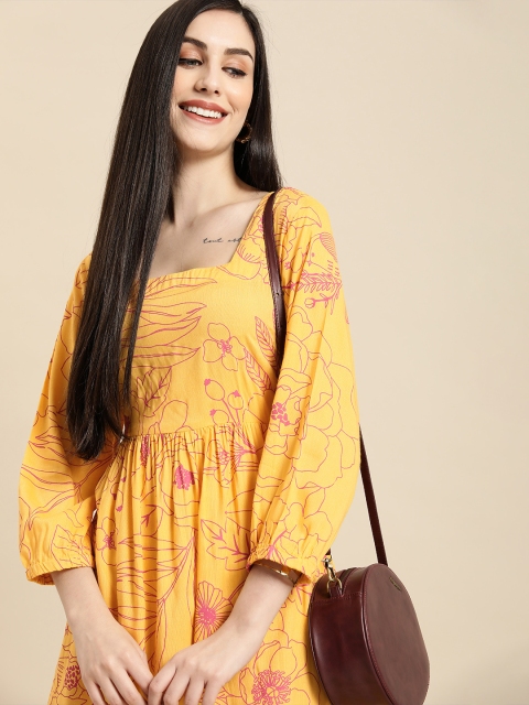 

Anouk Women Mustard Yellow & Pink Tropical Printed Fit And Flare Midi Dress