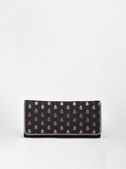 

Fabindia Black & Gold-Toned Brocade Woven Foldover Clutch