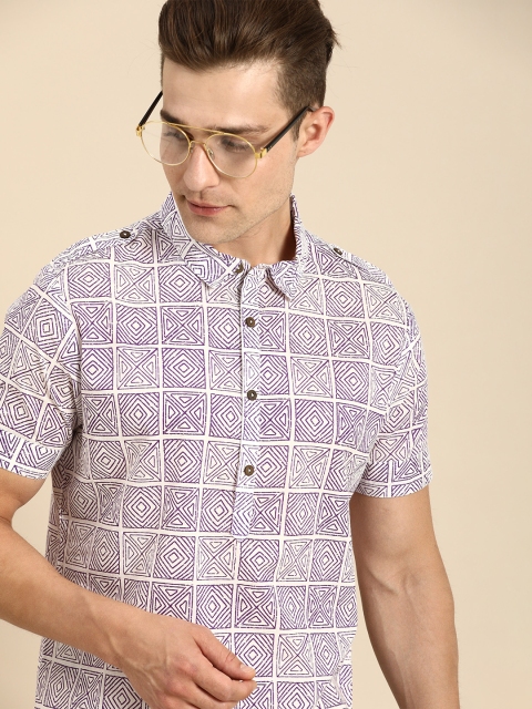 

Anouk Men White & Purple Geometric Printed Pure Cotton Shirt Collar Kurta