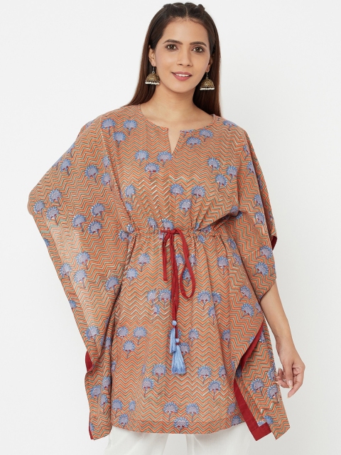 

Fabindia Women Orange Floral Printed Flared Sleeves Cotton Kaftan Kurta