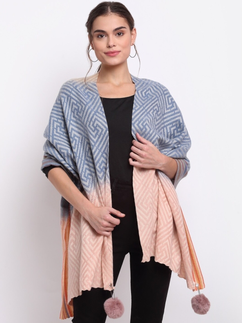 

LOOM LEGACY Women Blue & Peach-Coloured Acrylic Wool Woven Design Stole