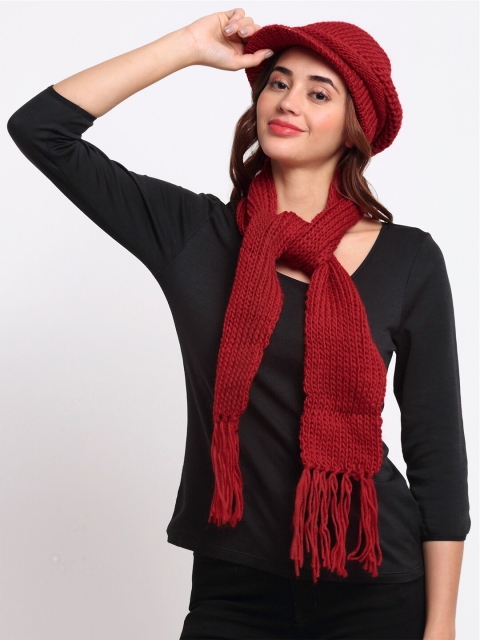 

LOOM LEGACY Women Red Self Design Visor Cap With Muffler