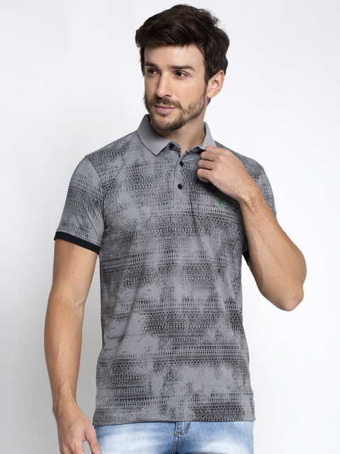 

VENITIAN Men Grey & Black Printed Polo Collar Slim Fit T-shirt