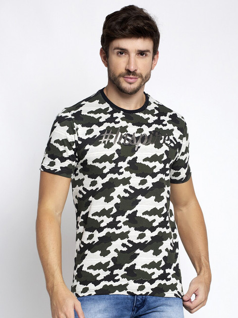 

VENITIAN Men Olive Green & Off White Camouflage Printed Raw Edge Slim Fit T-shirt