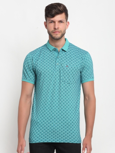 

VENITIAN Men Turquoise Blue Printed Polo Collar Pockets Slim Fit T-shirt