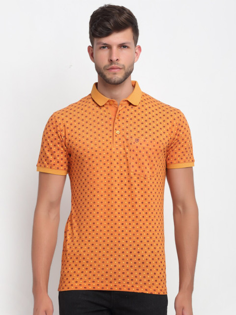 

VENITIAN Men Orange Printed Polo Collar Pockets Slim Fit T-shirt