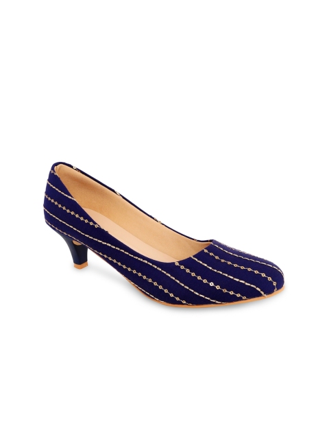 

Kanvas Blue Ethnic Kitten Pumps
