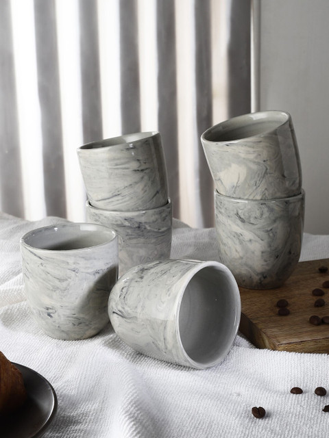 

The Decor Mart Set of 6 Off White & Grey Textured Ceramic Glossy Mugs