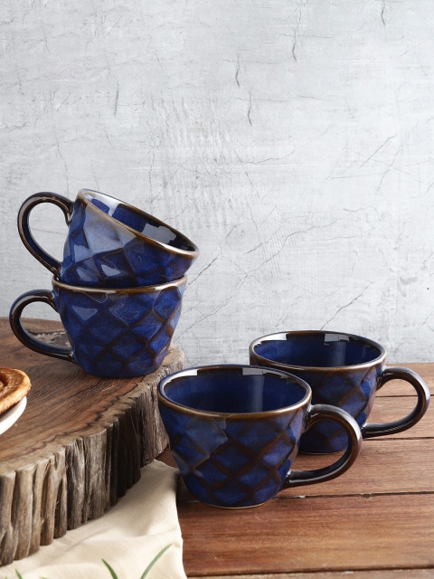 

The Decor Mart Set Of 4 Blue Textured Ceramic Glossy Mugs