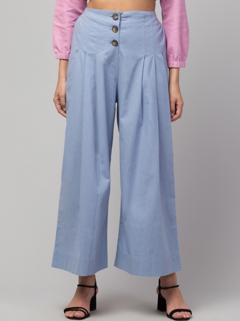 

Orchid Blues Women Blue Flared High-Rise Pleated Parallel Trousers