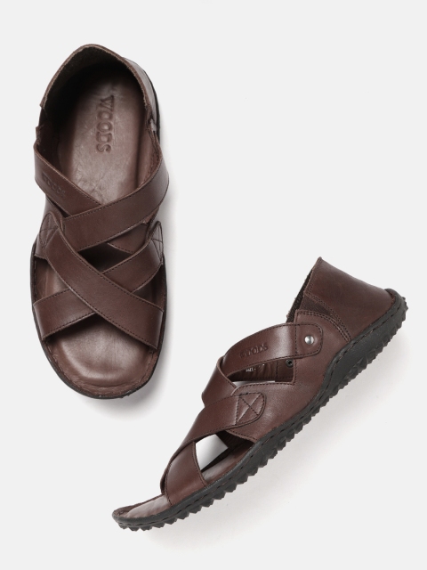 

Woods Men Coffee Brown Leather Comfort Sandals with Criss-Cross Detail
