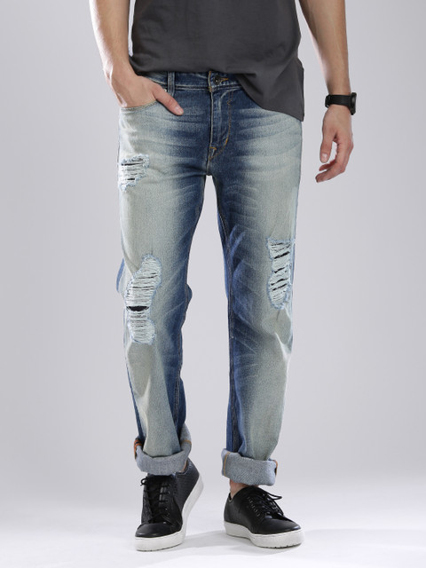 

GUESS Men Blue Original Straight Fit Low-Rise Mildly Distressed Stretchable Jeans