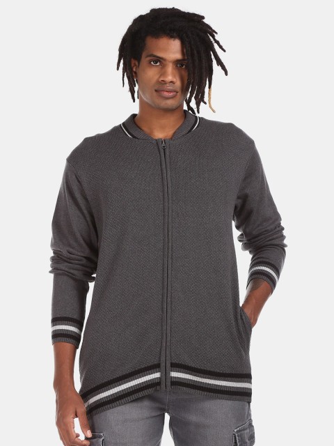 

Ruggers Men Grey Cotton Solid Ribbed Cardigan