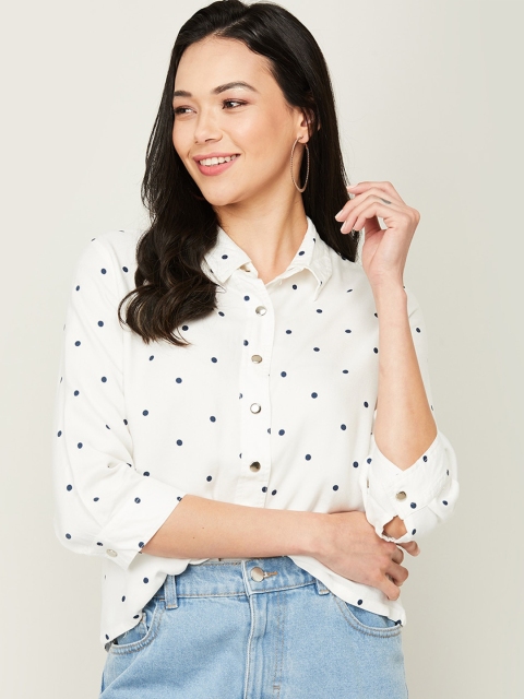 

Bossini White & Blue Printed Shirt Style Crop Top