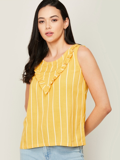 

Bossini Mustard Yellow & White Striped Round Neck Regular Top