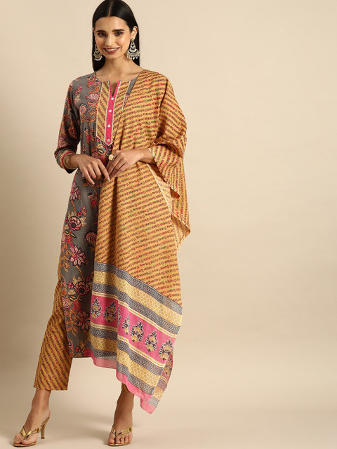 

Varanga Women Grey Ethnic Motifs Printed Regular Sequinned Pure Cotton Kurta with Trousers & With Dupatta