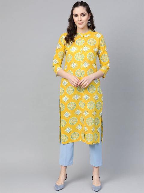 

Varanga Women Mustard Yellow Geometric Printed Thread Work Kurta