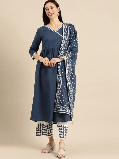 

Varanga Women Blue Ethnic Motifs Regular Pure Cotton Kurta with Trousers & With Dupatta