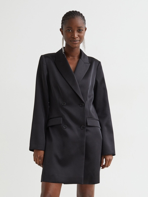 

H&M Women Black Solid Double Breasted Satin Jacket Dress