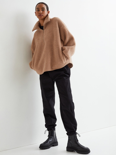 

H&M Women Beige Solid Faux Shearling Sweatshirt