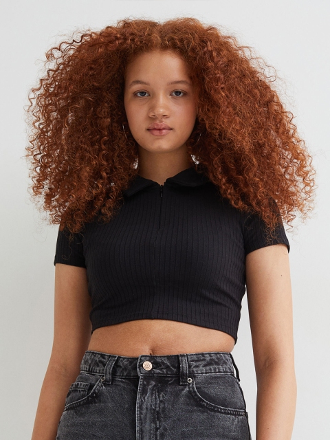 

H&M Women Black Collared Ribbed Cropped Top