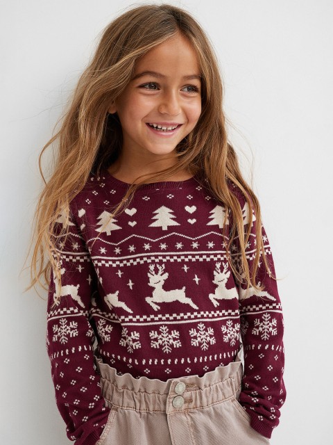 

H&M Girls Red & White Self Design Jacquard-Knit Jumper