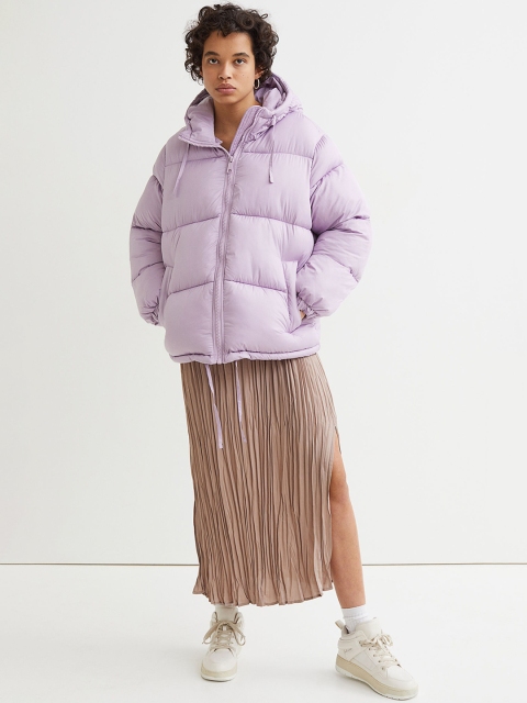 

H&M Women Purple Self Design Hooded Puffer Jacket