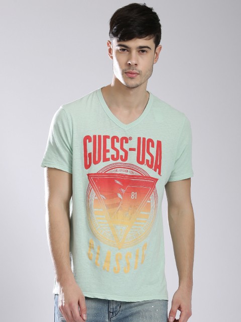 

GUESS Men Mint Green Printed V-Neck T-shirt