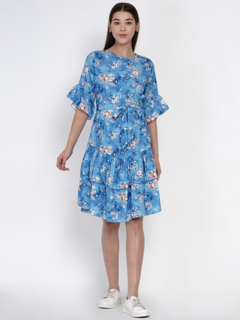 

Texco Blue Floral Printed Ruffled Dress