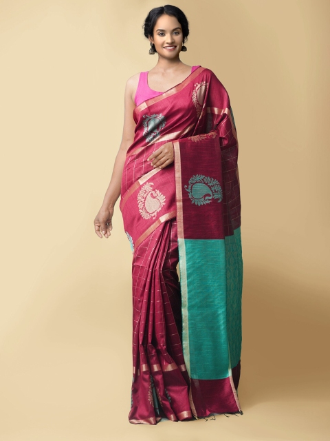

Unnati Silks Maroon & Turquoise Blue Checked Linen Blend Zari Saree