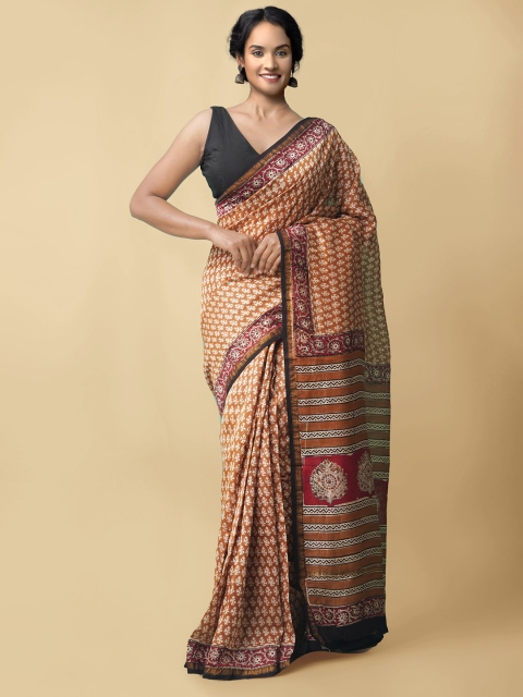 

Unnati Silks Brown & Off White Ethnic Motifs Zari Silk Cotton Chanderi Saree