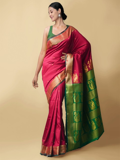 

Unnati Silks Red & Green Woven Design Zari Silk Blend Kanjeevaram Saree