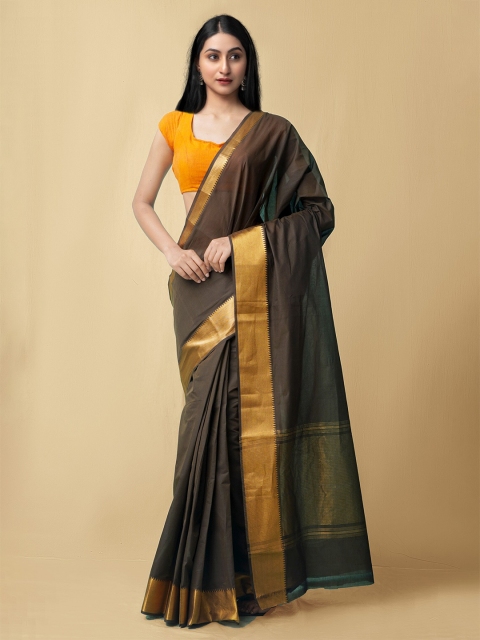 

Unnati Silks Brown & Gold-Toned Zari Pure Cotton Mangalagiri Saree