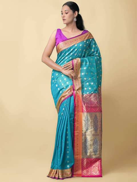 

Unnati Silks Blue & Magenta Woven Design Zari Silk Blend Kanjeevaram Saree