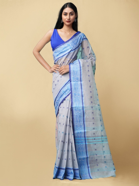 

Unnati Silks Grey & Blue Woven Design Zari Pure Cotton Taant Saree