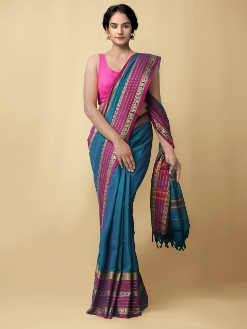 

Unnati Silks Blue & Magenta Woven Design Narayan Peth Pure Cotton Saree